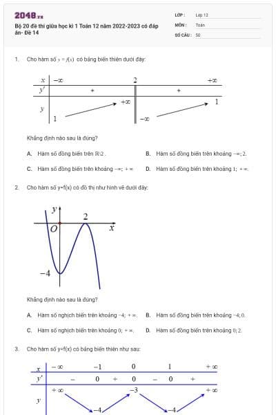Bộ 20 đề thi giữa học kì 1 Toán 12 năm 2022-2023 có đáp án- Đề 14
