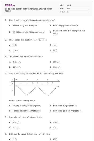 Bộ 25 đề thi học kì 1 Toán 12 năm 2022-2023 có đáp án (Đề 22)
