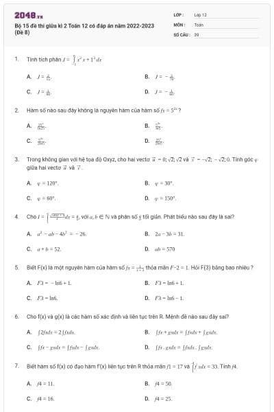 Bộ 15 đề thi giữa kì 2 Toán 12 có đáp án năm 2022-2023 (Đề 8)