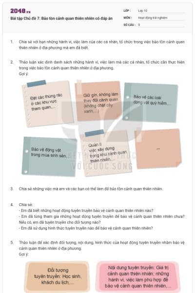 Bài tập Chủ đề 7: Bảo tồn cảnh quan thiên nhiên có đáp án