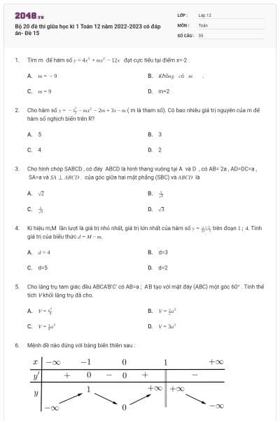 Bộ 20 đề thi giữa học kì 1 Toán 12 năm 2022-2023 có đáp án- Đề 15