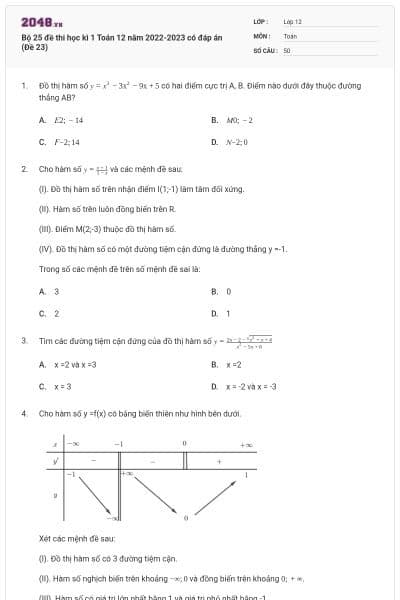 Bộ 25 đề thi học kì 1 Toán 12 năm 2022-2023 có đáp án (Đề 23)