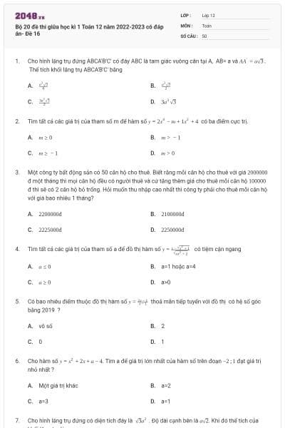 Bộ 20 đề thi giữa học kì 1 Toán 12 năm 2022-2023 có đáp án- Đề 16