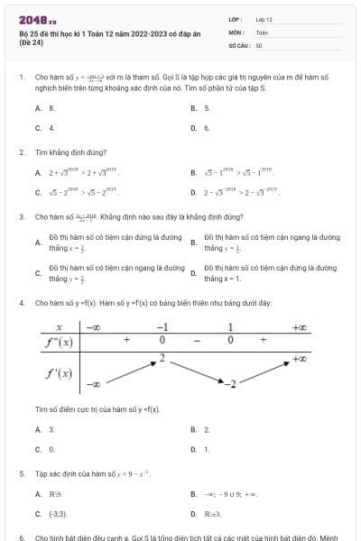 Bộ 25 đề thi học kì 1 Toán 12 năm 2022-2023 có đáp án (Đề 24)