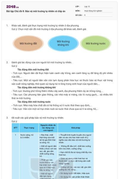 Bài tập Chủ đề 8: Bảo vệ môi trường tự nhiên có đáp án