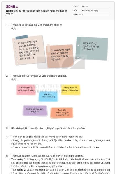 Bài tập Chủ đề 10: Hiểu bản thân để chọn nghề phù hợp có đáp án