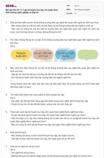 Bài tập Chủ đề 11: Lập kế hoạch học tập, rèn luyện theo định hướng nghề nghiệp có đáp án