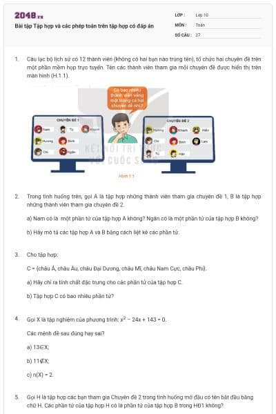 Bài tập Tập hợp và các phép toán trên tập hợp có đáp án