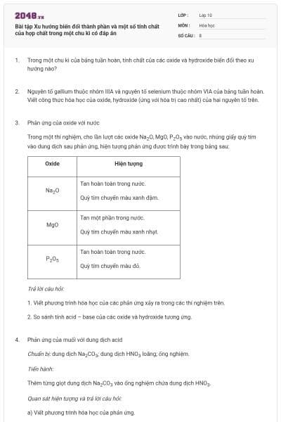 Bài tập Xu hướng biến đổi thành phần và một số tính chất của hợp chất trong một chu kì có đáp án