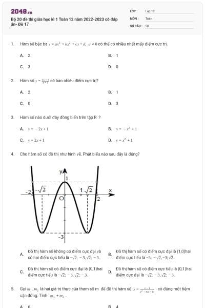Bộ 20 đề thi giữa học kì 1 Toán 12 năm 2022-2023 có đáp án- Đề 17