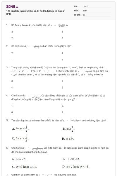 120 câu trắc nghiệm Hàm số từ đề thi đại học có đáp án (P4)