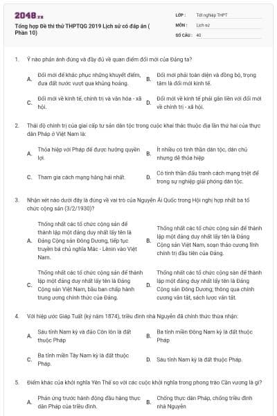 Tổng hợp Đề thi thử THPTQG 2019 Lịch sử có đáp án ( Phần 10)