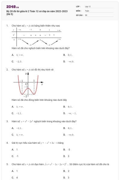 Bộ 20 đề thi giữa kì 2 Toán 12 có đáp án năm 2022-2023 (Đề 5)