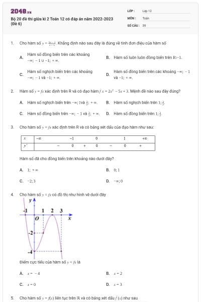 Bộ 20 đề thi giữa kì 2 Toán 12 có đáp án năm 2022-2023 (Đề 6)