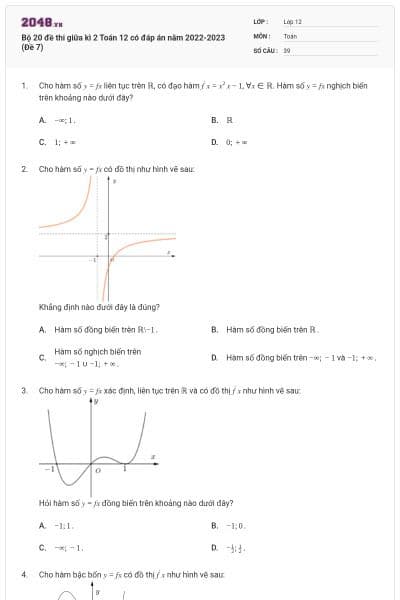 Bộ 20 đề thi giữa kì 2 Toán 12 có đáp án năm 2022-2023 (Đề 7)