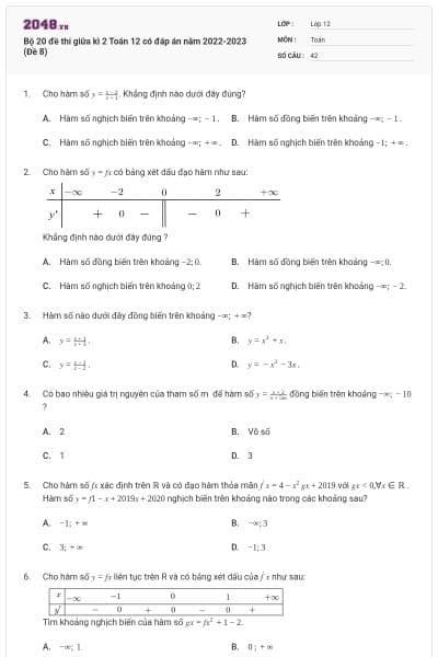 Bộ 20 đề thi giữa kì 2 Toán 12 có đáp án năm 2022-2023 (Đề 8)