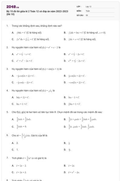 Bộ 15 đề thi giữa kì 2 Toán 12 có đáp án năm 2022-2023 (Đề 10)