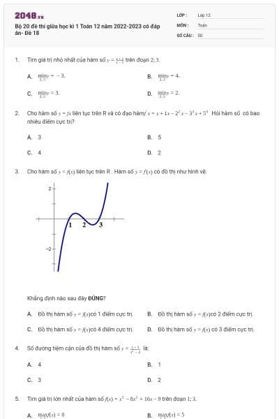 Bộ 20 đề thi giữa học kì 1 Toán 12 năm 2022-2023 có đáp án- Đề 18