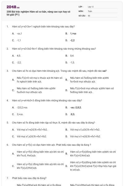 208 Bài trắc nghiệm Hàm số cơ bản, nâng cao cực hay có lời giải (P1)