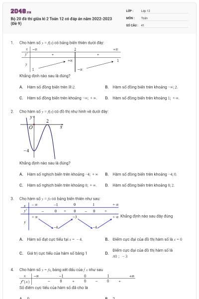 Bộ 20 đề thi giữa kì 2 Toán 12 có đáp án năm 2022-2023 (Đề 9)