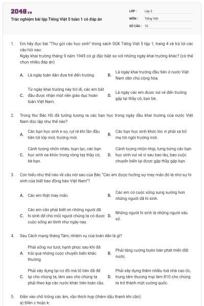 Trắc nghiệm bài tập Tiếng Việt 5 tuần 1 có đáp án