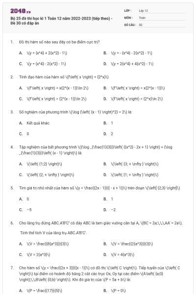 Bộ 25 đề thi học kì 1 Toán 12 năm 2022-2023 (tiếp theo) - Đề 30 có đáp án