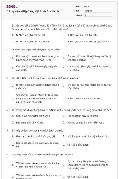 Trắc nghiệm bài tập Tiếng Việt 5 tuần 3 có đáp án