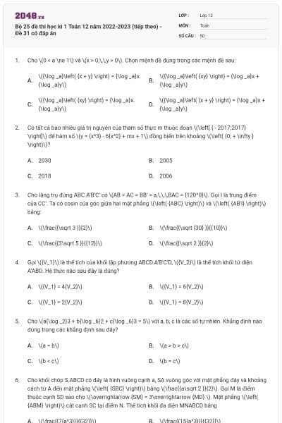 Bộ 25 đề thi học kì 1 Toán 12 năm 2022-2023 (tiếp theo) - Đề 31 có đáp án