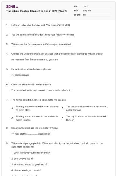 Trắc nghiệm tổng hợp Tiếng anh có đáp án 2023 (Phần 2)