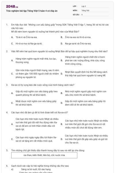 Trắc nghiệm bài tập Tiếng Việt 5 tuần 4 có đáp án