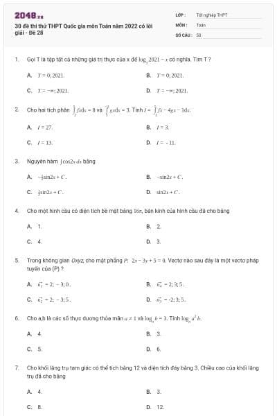 30 đề thi thử THPT Quốc gia môn Toán năm 2022 có lời giải - Đề 28