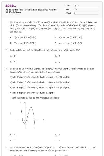 Bộ 25 đề thi học kì 1 Toán 12 năm 2022-2023 (tiếp theo) - Đề 32 có đáp án