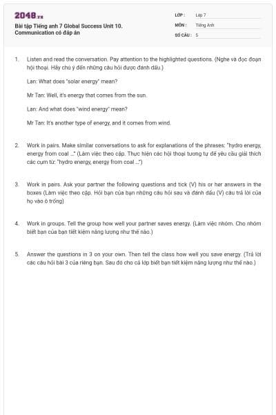 Bài tập Tiếng anh 7 Global Success Unit 10. Communication có đáp án