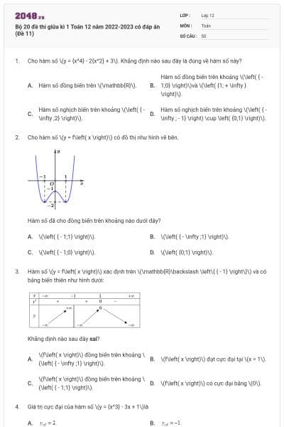 Bộ 20 đề thi giữa kì 1 Toán 12 năm 2022-2023 có đáp án (Đề 11)