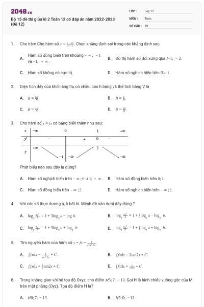 Bộ 15 đề thi giữa kì 2 Toán 12 có đáp án năm 2022-2023 (Đề 12)
