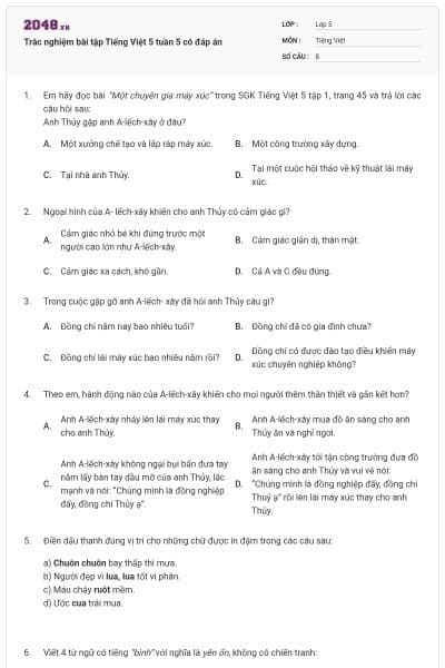 Trắc nghiệm bài tập Tiếng Việt 5 tuần 5 có đáp án