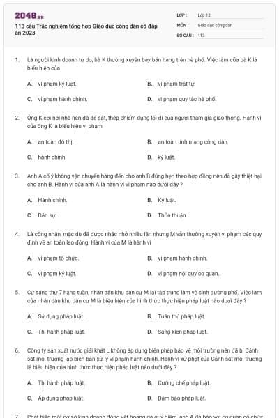 113 câu Trắc nghiệm tổng hợp Giáo dục công dân có đáp án 2023