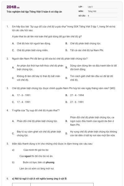 Trắc nghiệm bài tập Tiếng Việt 5 tuần 6 có đáp án