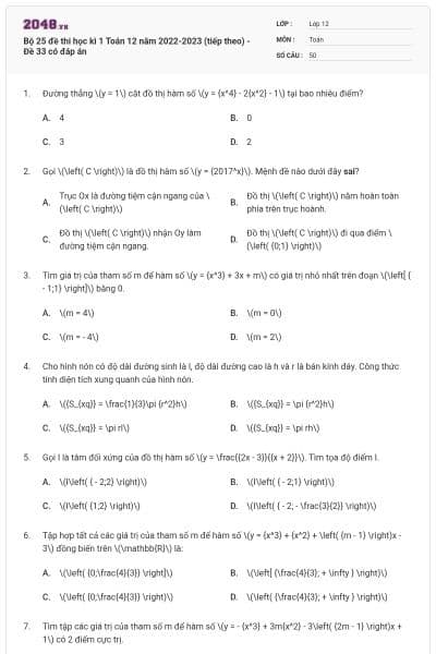Bộ 25 đề thi học kì 1 Toán 12 năm 2022-2023 (tiếp theo) - Đề 33 có đáp án