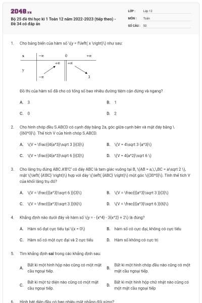 Bộ 25 đề thi học kì 1 Toán 12 năm 2022-2023 (tiếp theo) - Đề 34 có đáp án
