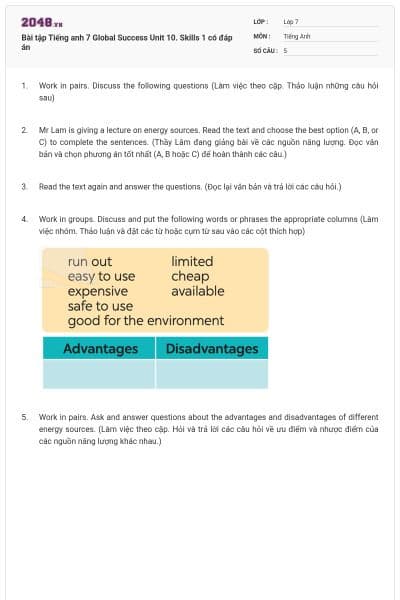 Bài tập Tiếng anh 7 Global Success Unit 10. Skills 1 có đáp án