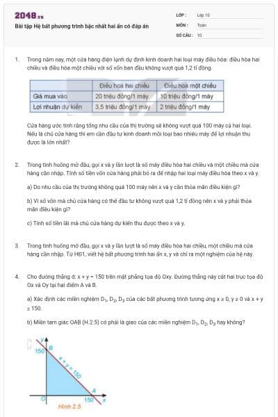 Bài tập Hệ bất phương trình bậc nhất hai ẩn có đáp án