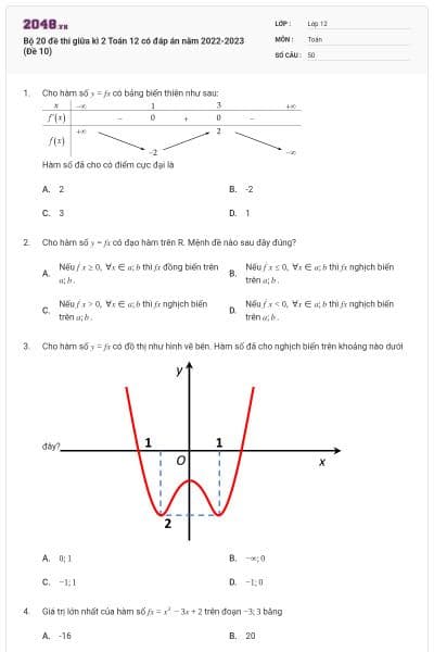 Bộ 20 đề thi giữa kì 2 Toán 12 có đáp án năm 2022-2023 (Đề 10)