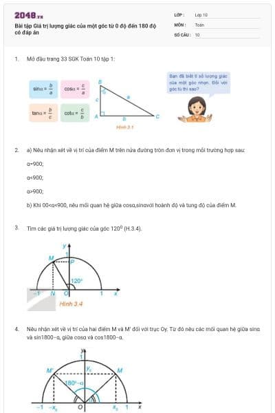 Bài tập Giá trị lượng giác của một góc từ 0 độ đến 180 độ có đáp án