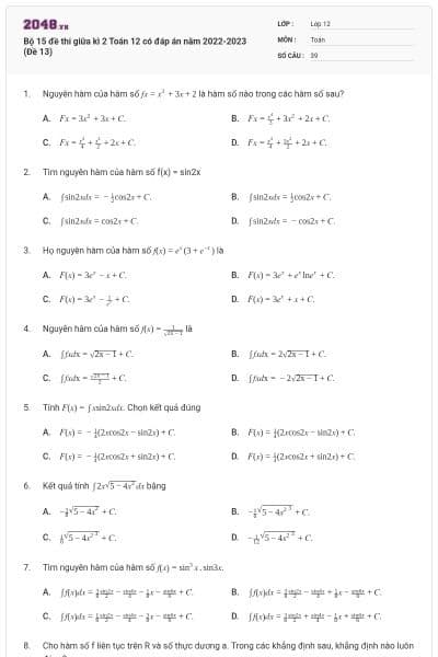 Bộ 15 đề thi giữa kì 2 Toán 12 có đáp án năm 2022-2023 (Đề 13)