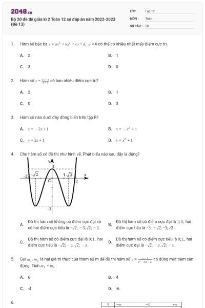Bộ 20 đề thi giữa kì 2 Toán 12 có đáp án năm 2022-2023 (Đề 13)