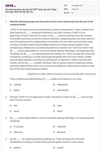 Đề minh họa theo cấu trúc thi THPT Quốc gia môn Tiếng Anh năm 2022 (30 đề) (Đề 13)