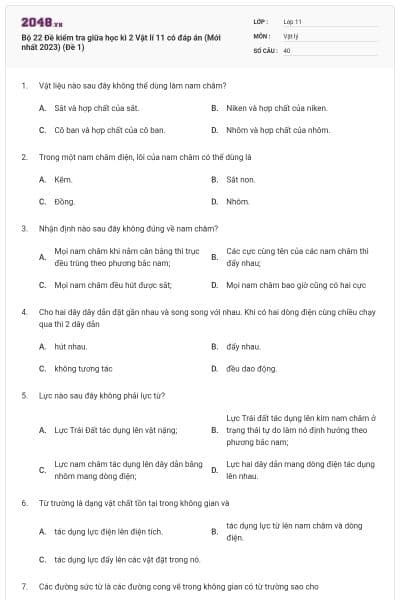 Bộ 22 Đề kiểm tra giữa học kì 2 Vật lí 11 có đáp án (Mới nhất 2023) (Đề 1)