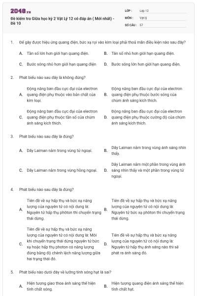 Đề kiểm tra Giữa học kỳ 2 Vật Lý 12 có đáp án ( Mới nhất) - Đề 10