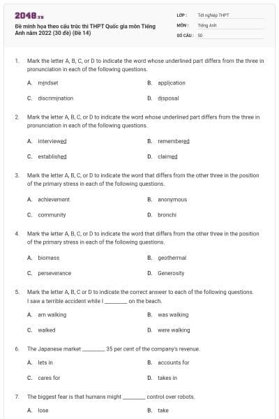 Đề minh họa theo cấu trúc thi THPT Quốc gia môn Tiếng Anh năm 2022 (30 đề) (Đề 14)